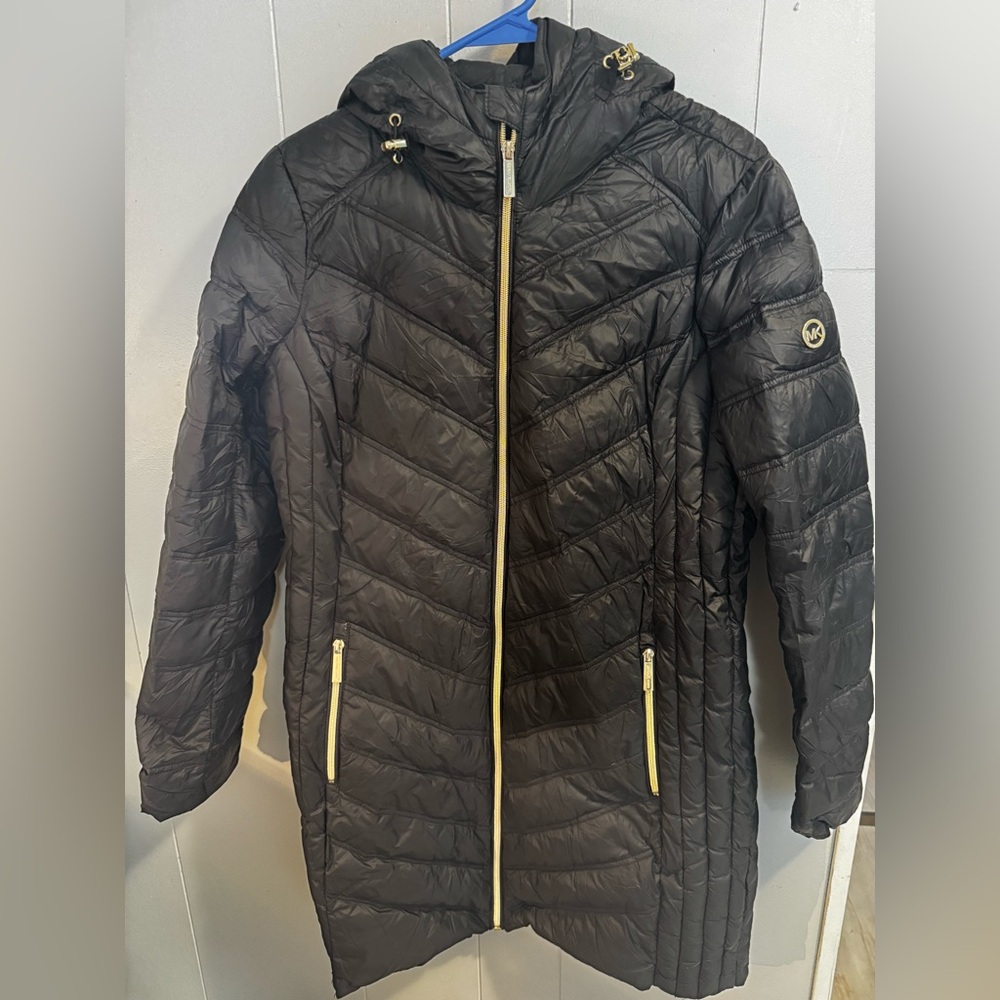 Michael Kors Quilted Black Puffer Coat with Gold Accents